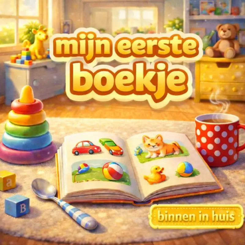 Open kinderboek mijn eerste boekje met kleurrijke illustraties van speelgoed en dieren voor jonge lezers leren lezen