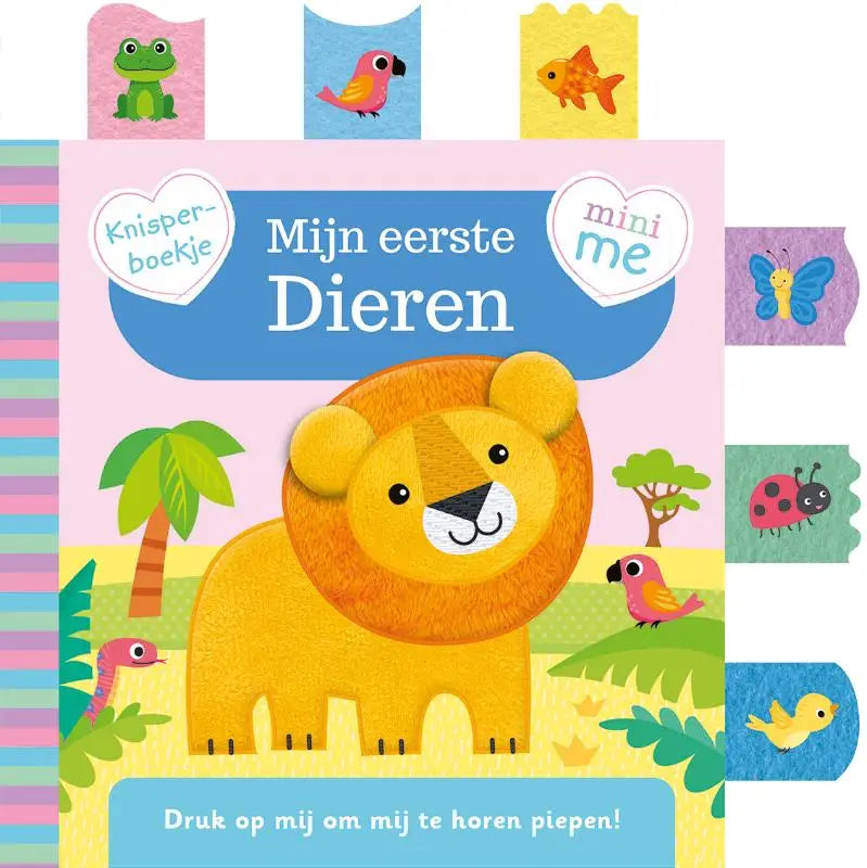 Een vrolijke oranje leeuw met een pluizige manen op een knisperboekje voor jonge lezers om te horen piepen