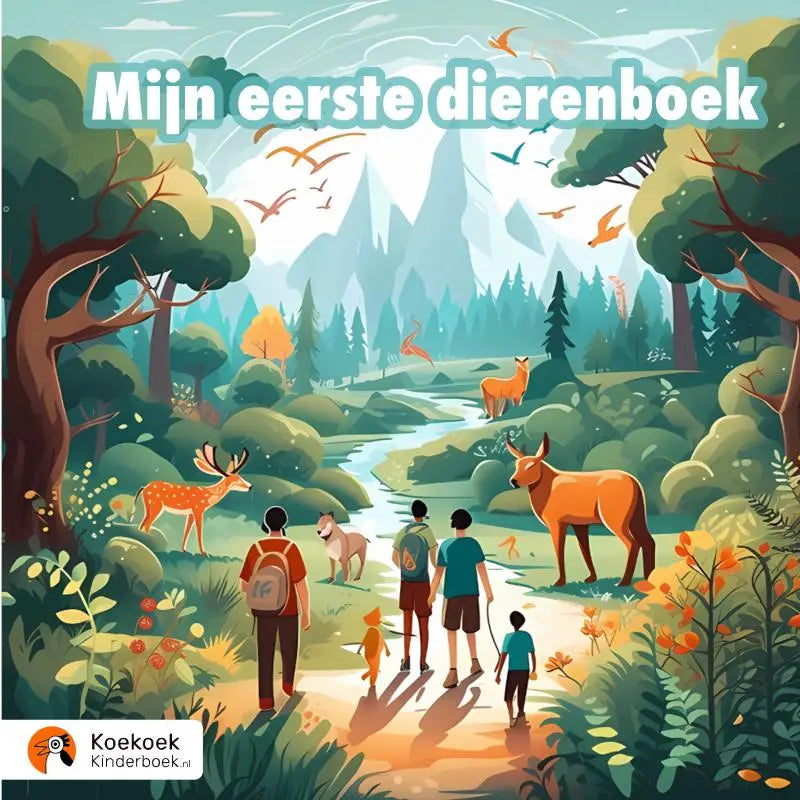 De kleurrijke omslag van mijn eerste dierenboek toont kinderen en dieren in het nederlandse bos voor jonge lezers