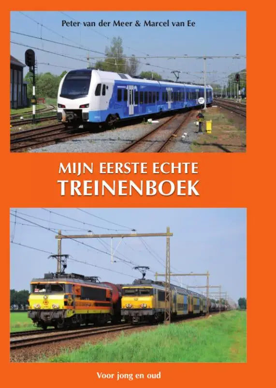 Blauw-witte passagierstrein met moderne vormgeving en nederlandse spoorwegen logo in het echte treinenboek