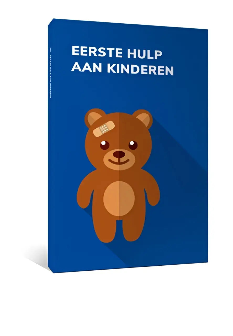 Blauw boek eerste hulp aan kinderen met cartoonbruine teddybeer en pleister geschikt voor jonge lezers