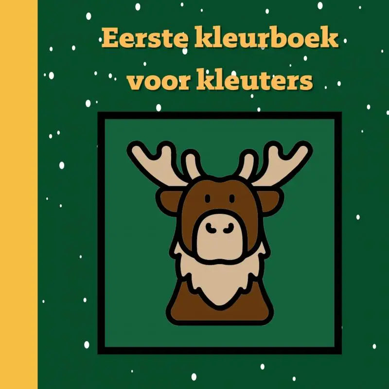 Groen kinder kleurboek eerste kleurboek voor kleuters met een cartoon eland bruine vacht en witte gewei woordjes leren jonge lezers