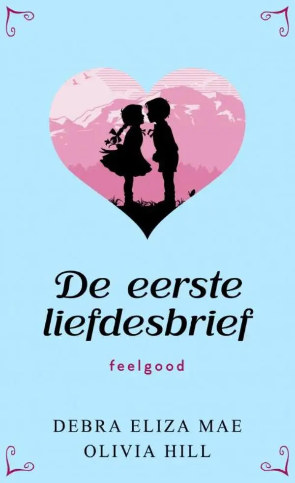 De eerste liefdesbrief boekhoes met hartvormige illustratie van twee kinderen die kussen tegen roze bergen