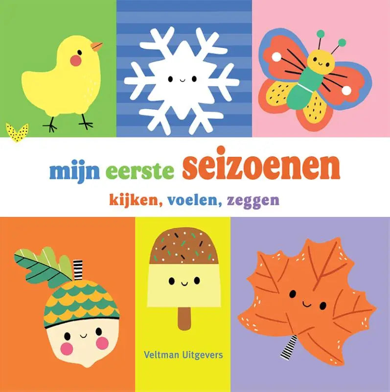 Brightly colored children’s book cover with cartoon illustrations for jonge lezers mijn eerste seizoenen kijken voelen zeggen
