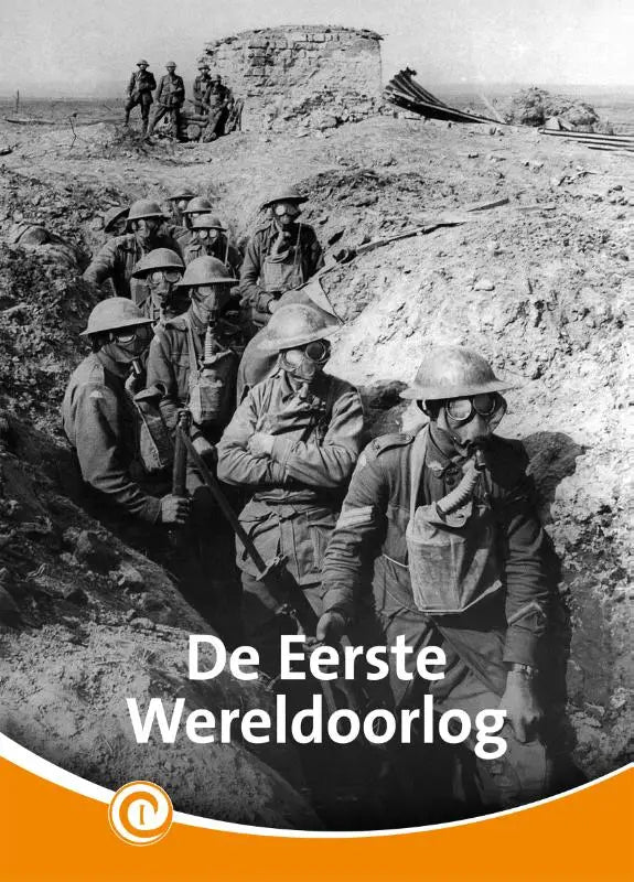 Zwart-wit historische foto van soldaten in loopgraven met gasmaskers voor jonge lezers in de eerste wereldoorlog