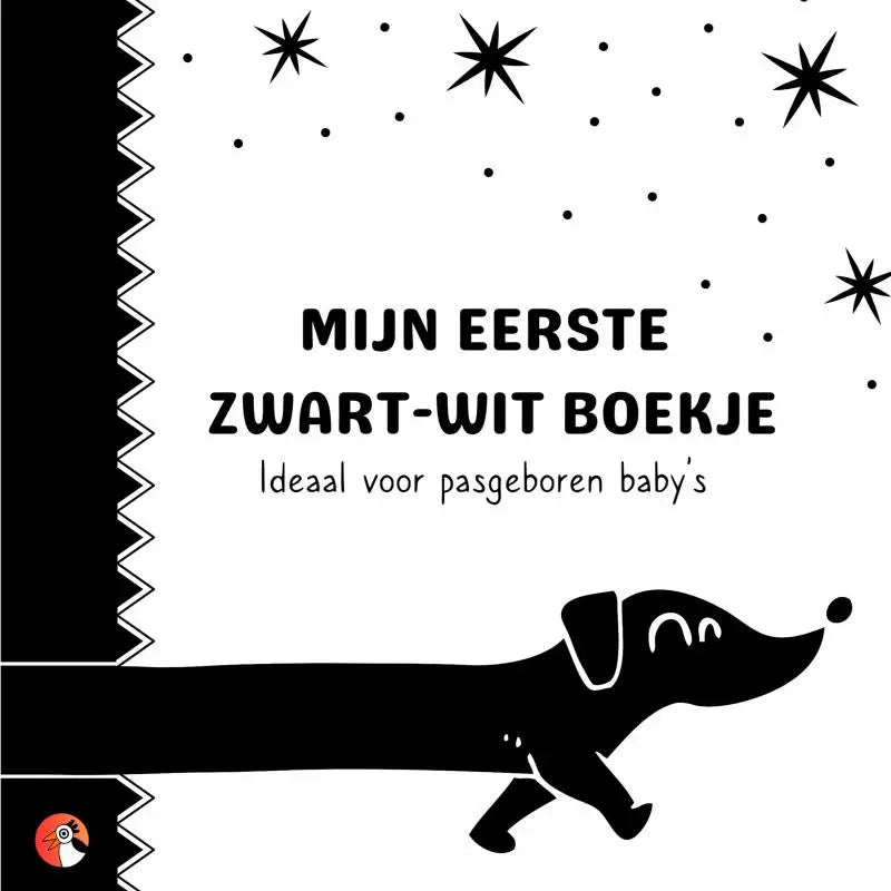 Zwart-wit baby boekje met een gestileerde teckel op de voorkant ideaal voor pasgeboren baby’s