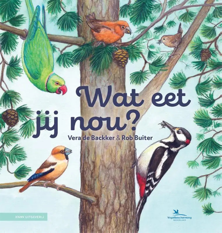 Illustraties van kindersprookjesboek met centrale dennenboom en vijf kleurrijke vogeltjes voor jonge lezers over vogeltje eet