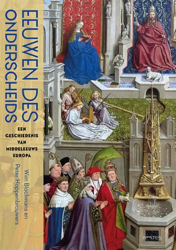 De hardcover van eeuwen des onderscheids toont middeleeuwse figuren in kleurrijke gewaden tegen architectuur in middeleeuws europa