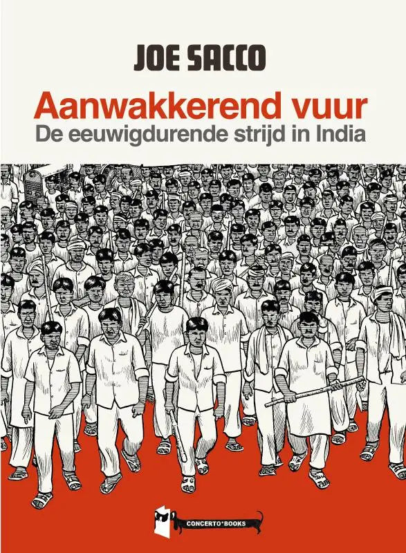 Black-and-white illustrated book cover of eeuwigdurende strijd in India featuring men in white attire by joe sacco