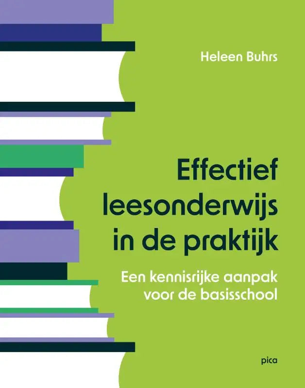 Een limegroene boekomslag voor effectief leesonderwijs in de praktijk met gestileerde paarse witte en turquoise boeken