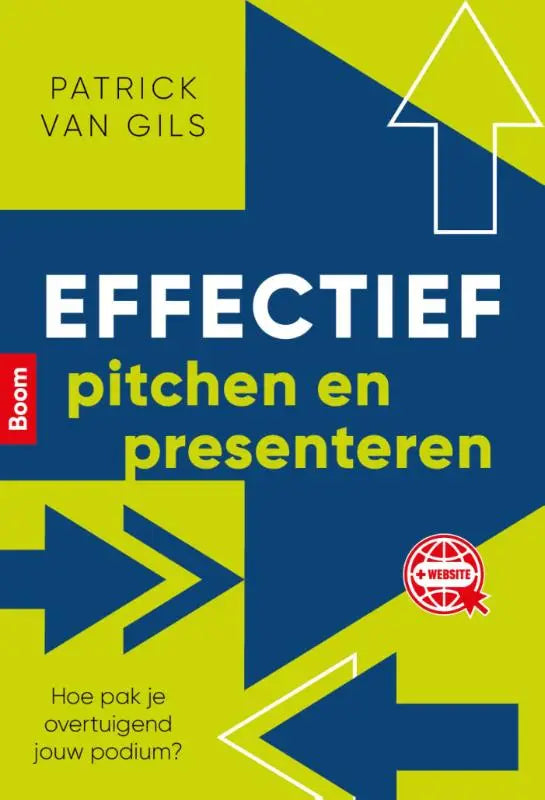 Effectief pitchen en presenteren boek met helder geel en marineblauw omslag en koninklijke boom uitgevers logo