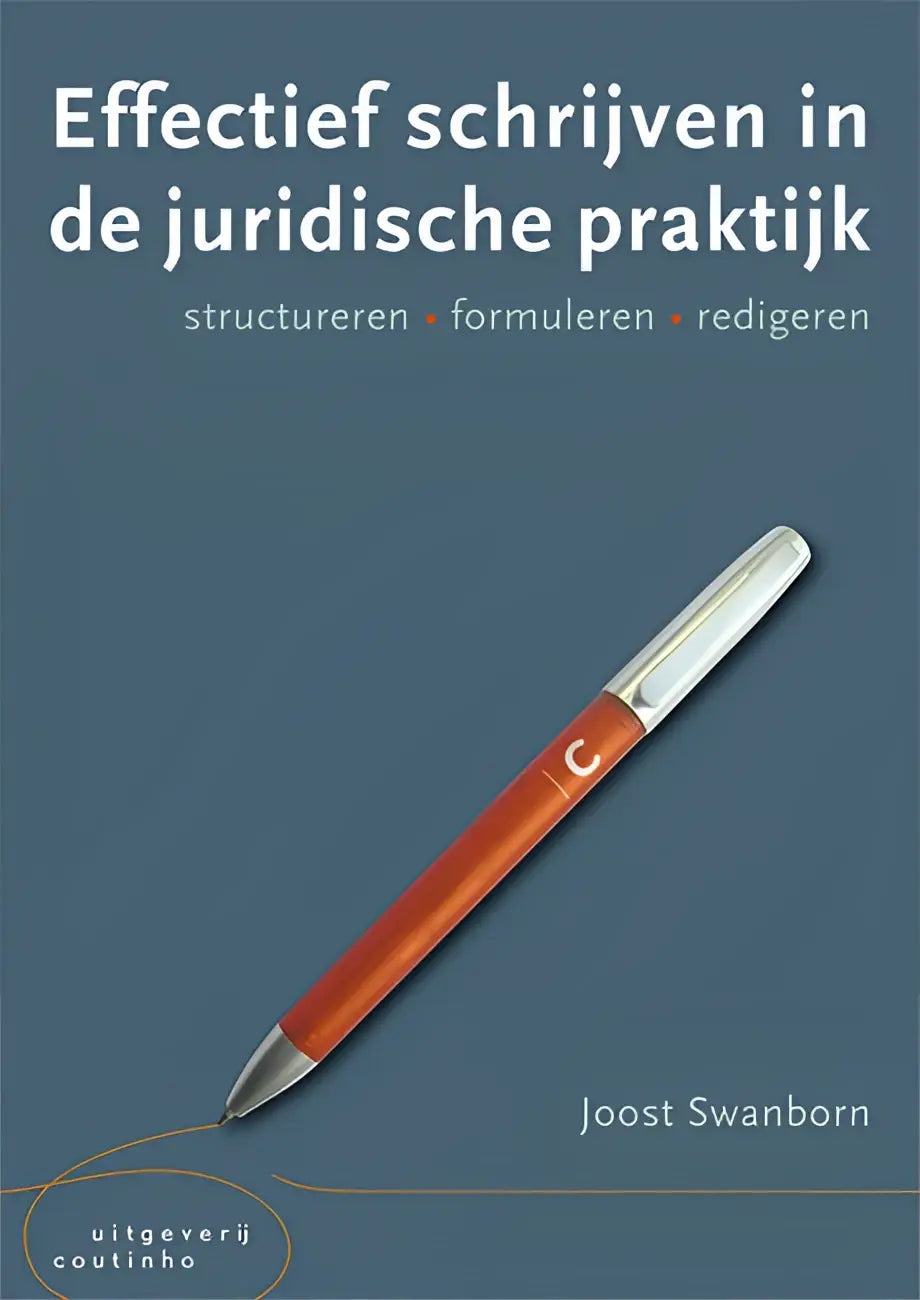 Oranje pen met zilveren clip en punt, witte c-logo, Effectief schrijven in de juridische praktijk