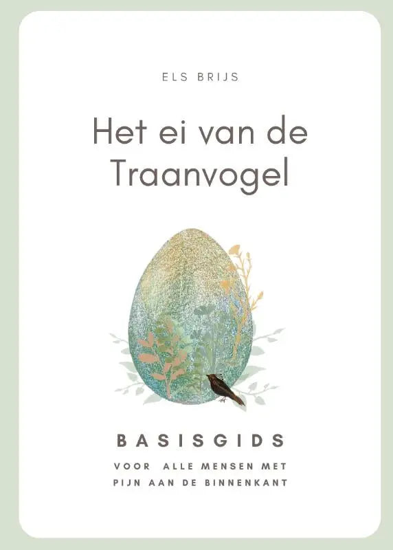 Een zacht teal en gouden illustratie van een ei met botanische details en een zwarte vogel voor het boek basisgids traanvogel binnenkant
