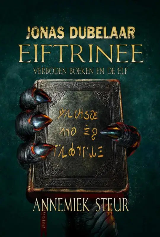 Een oud donker leren gebonden boek met gouden reliëf en gloeiende runen uit verboden boeken eiftrinee
