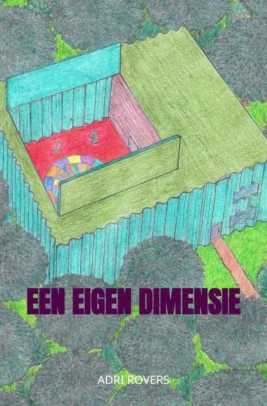 Een eigen dimensie handgetekende illustratie van een vierkante structuur met teal verticale bekleding en groene dak