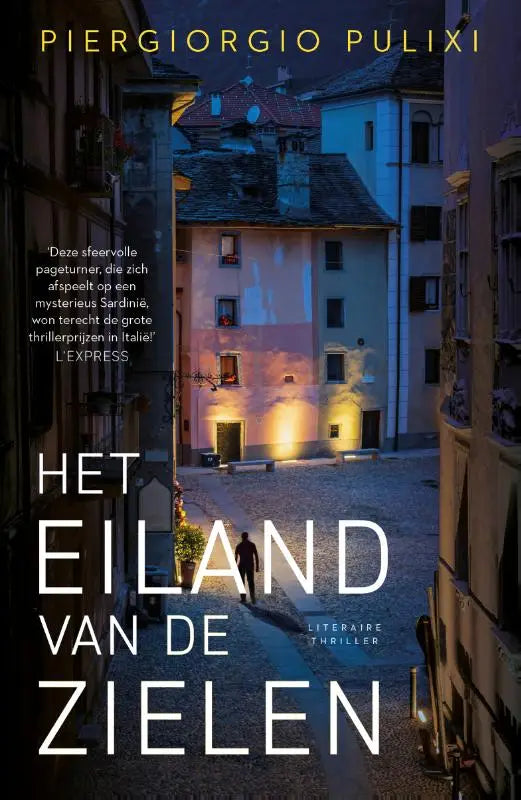 Het boek het eiland van de zielen toont een donkere sfeer met een verlichte steeg en een eenzame wandelaar
