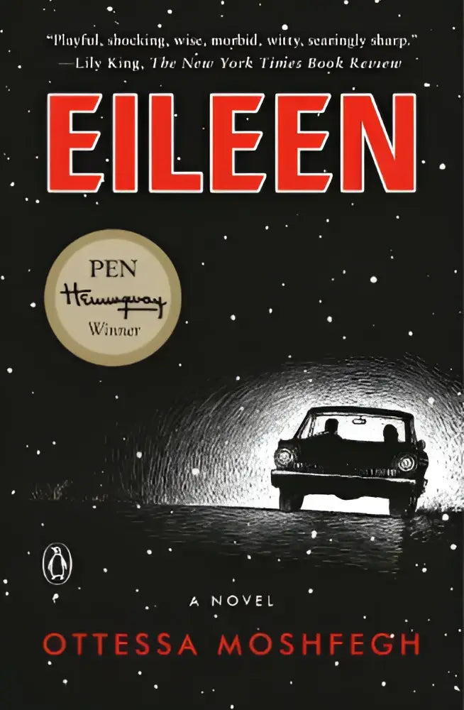Zwarte boekomslag met witte lijntekening van een auto door sneeuw en titel eileen in rode letters van ottessa moshfegh
