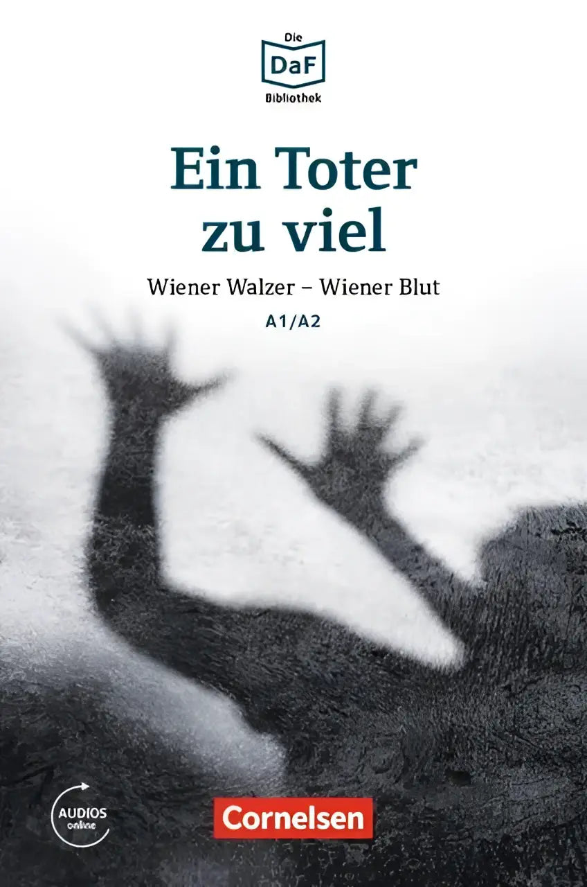 Zwarte-witte schaduwachtige silhouetten van opgestoken handen op textuurrijke achtergrond met titel ein toter zu viel en daf daz-lerenden branding