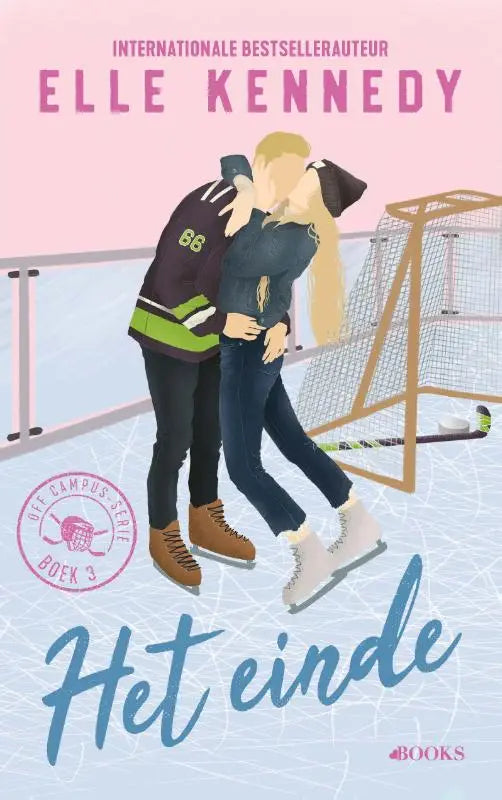 Illustratie van de pink en blue omslag van het boek het einde met elle kennedy en dean di laurentis in de off campus-serie