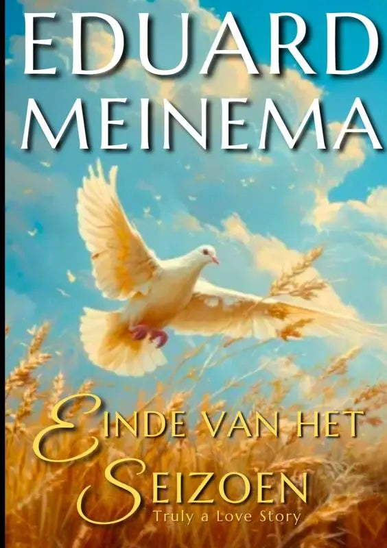 Een witte duif met uitgestrekte vleugels in zacht gouden licht tegen blauwe lucht en graanveld op einde van het seizoen