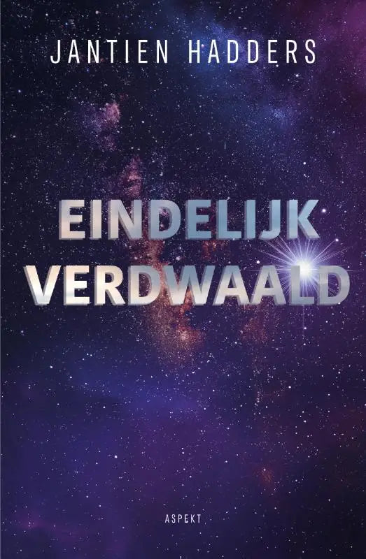 De boekcover van eindelijk verdwaald toont een kosmisch ontwerp met dieppaarsblauwe sterren en roze nevels