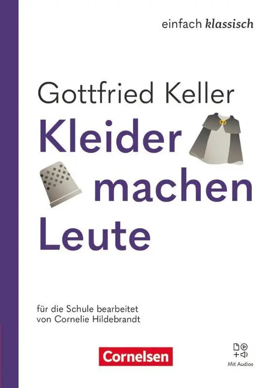 Paars en wit boekomslag van einfach klassisch kleider machen leute met illustraties van kledingstuk en vingerhoedje