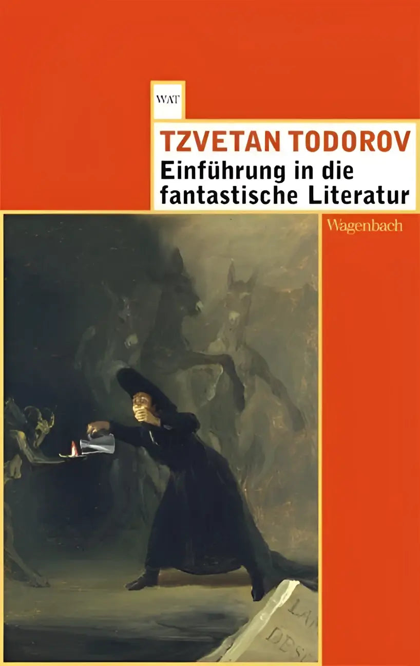 De boekcover van einführung in die fantastische literatur toont een donkere schildering van een figuur met zwart gewaad en een open boek