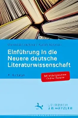 De boekomslag toont een blauw achtergronds met witte en rode tekst van Einfuhrung in die neuere deutsche literaturwissenschaft door j