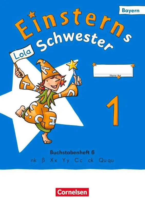 Een levendig oranje en groen cartoonfiguur met tovenaarsmuts en vlag met lola op het einsterns schwester ausgabe bayern boek