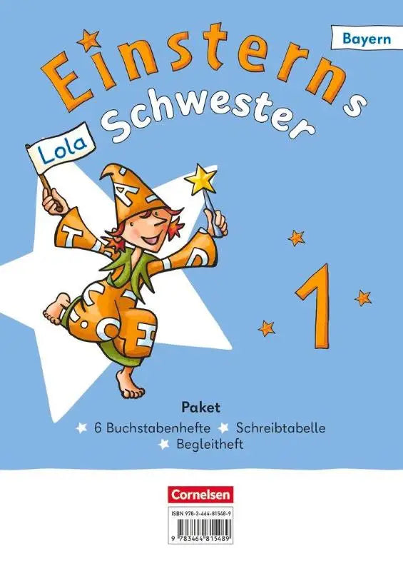 Een oranje en groene geïllustreerde wizard met vlag lola op einsterns schwester ausgabe bayern buchstabenhefte im paket