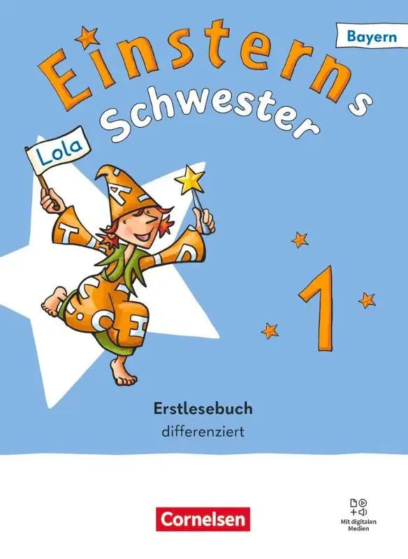 Cartoonfiguur lola met oranje tovenaarshoed en vlag op witte ster in lichtblauwe achtergrond voor einsterns schwester ausgabe bayern mit digitalen medien