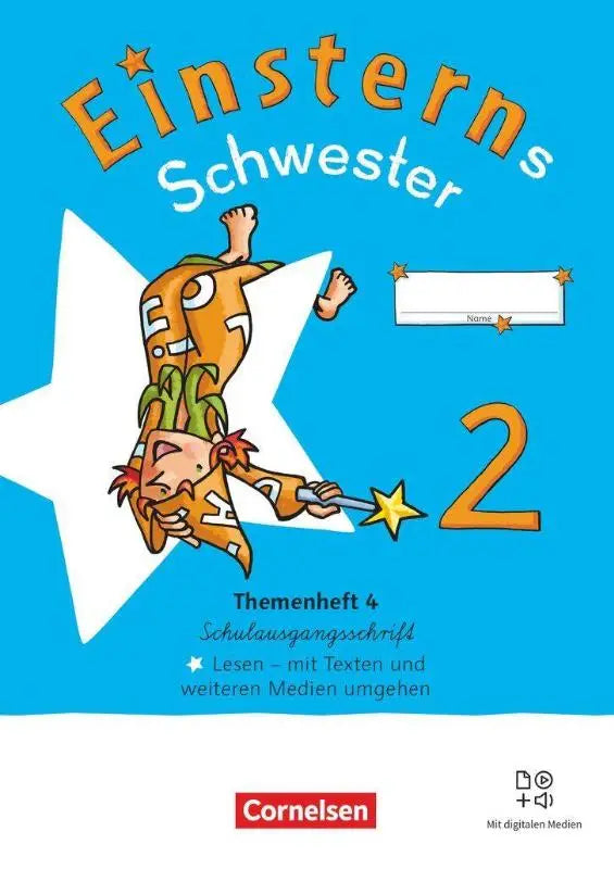 Blauwe kaft van het einsterns schwester 2 werkboek voor sprache und lesen met een cartoonfiguur en ster