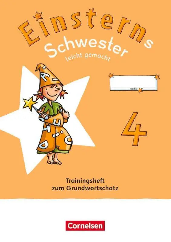Oranjekleurig workbook einsterns schwester 4 met cartoontovernaar in oranje mantel voor taal en lezen makkelijk gemaakt