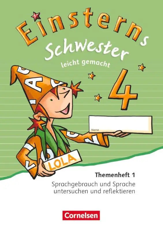 De cover van het einsterns schwester 4 werkboek toont een oranje-witte elf met naamkaartje lola in sprache und lesen