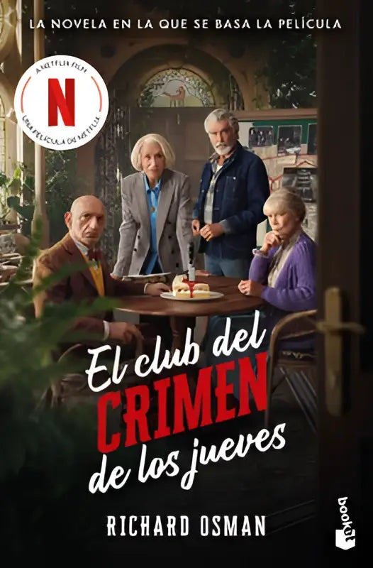 De boekcover van el club del crimen de los jueves door richard osman toont vier personen rond een tafel