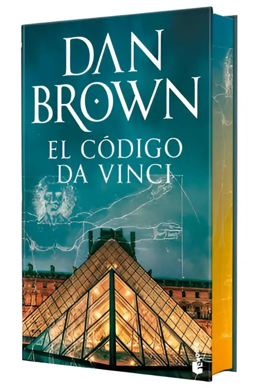 Het boek el código da vinci speciale editie met donkere teal kaft en gouden louvre illustratie con cantos decorados