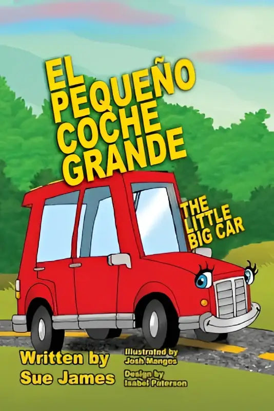 Een helderrode cartoonauto met witte accenten en een vriendelijk gezicht uit het boek pequeno coche grande bilingual
