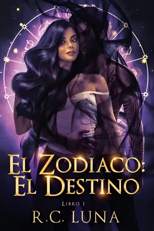 De boekcover van El Zodiaco El Destino toont een vrouw met lange donkere haren en tatoeages voor een paarse achtergrond met sterrenbeelden