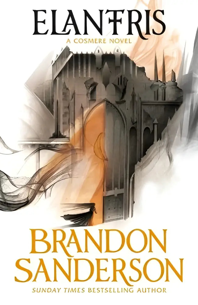 De cover van het boek Elantris van Brandon Sanderson toont een geïllustreerd kasteel in warme oranje en grijstinten, een cosmere standalone
