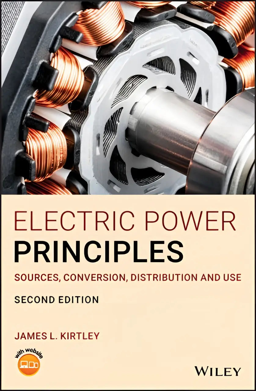 De boekcover toont een close-up van een elektromotor met koperen windingen en metalen onderdelen voor electric power principles