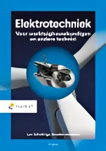 Textbook elektrotechnik with blue and white cover featuring black and white electrical component illustrations by leo scheltinga for informatica hoger onderwijs
