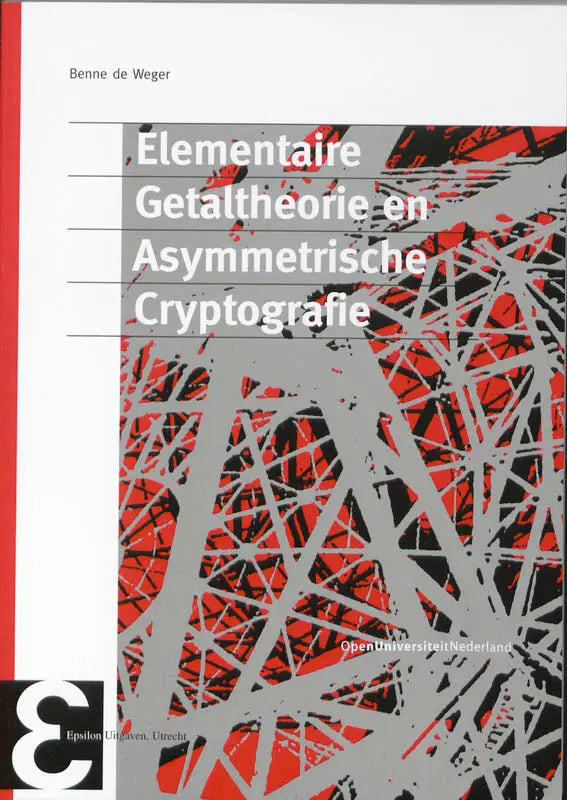 Boekcover met rode en zwarte abstracte geometrische vormen en witte tekst voor elementaire getaltheorie en asymmetrische cryptografie b2-c1