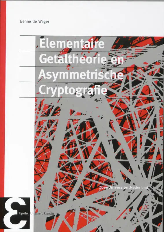 Boekcover met rood zwarte abstracte geometrische vormgeving en witte tekst voor elementaire getaltheorie en asymmetrische cryptografie