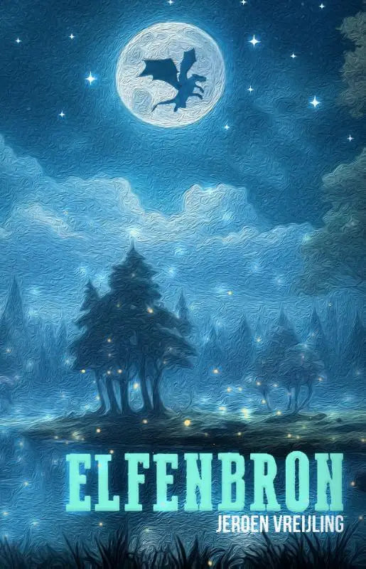 Fantasy boekcover elfenbron met donkerblauwe sterrenhemel, volle maan en silhouet van vliegende draak
