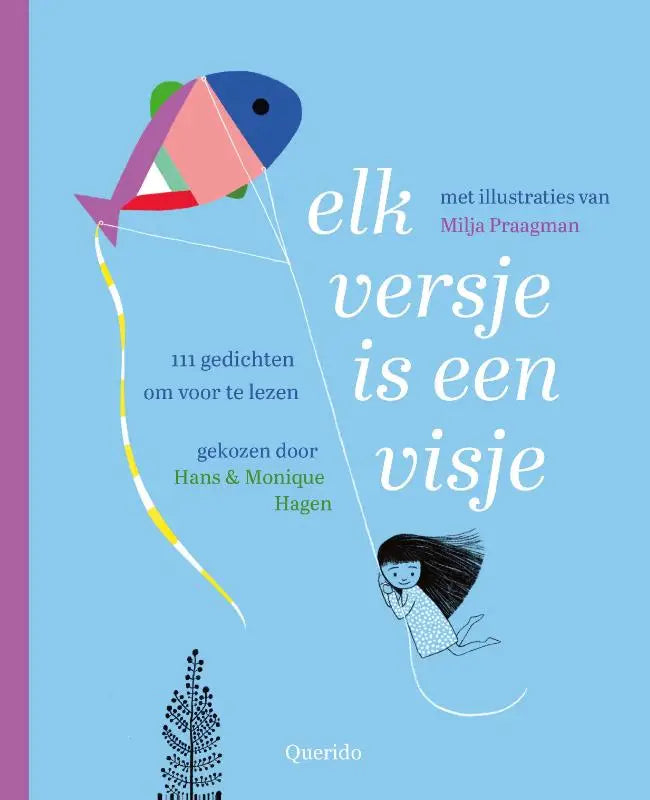 Een kleurrijke visvormige vlieger met een lange gestreepte staart in blauw, roze, paars en groen voor jonge lezers