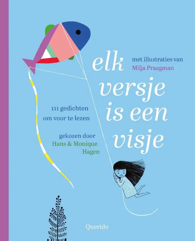 Kleurige visvormige vlieger met paarse, roze en blauwe tinten boven een kind in wit gestippelde jurk elk versje is een visje monique hagen kinderen algemeen