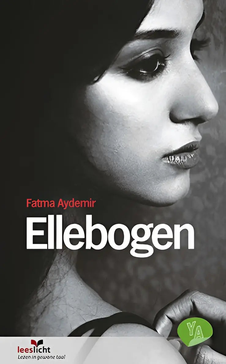 Zwart-witte omslag van het boek ellebogen met een vrouwenprofiel van auteur fatma aydemir