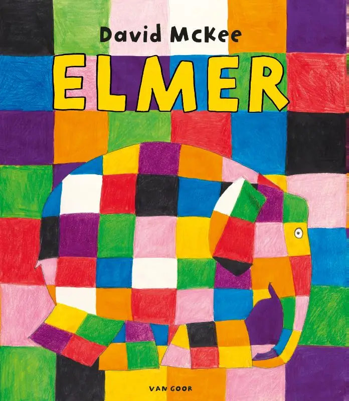 Illustratie van elmer een kleurrijke patchwork olifant met een levendige mozaïek van rood geel groen paars blauw en roze vierkanten