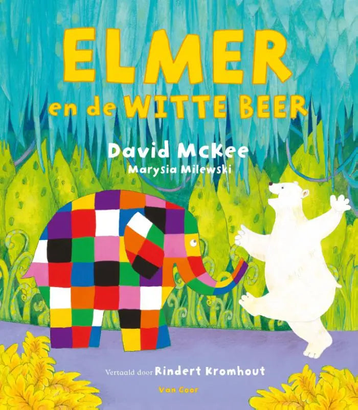 Cover van elmer en de witte beer met een kleurrijke patchwork olifant en een witte beer voor jonge lezers