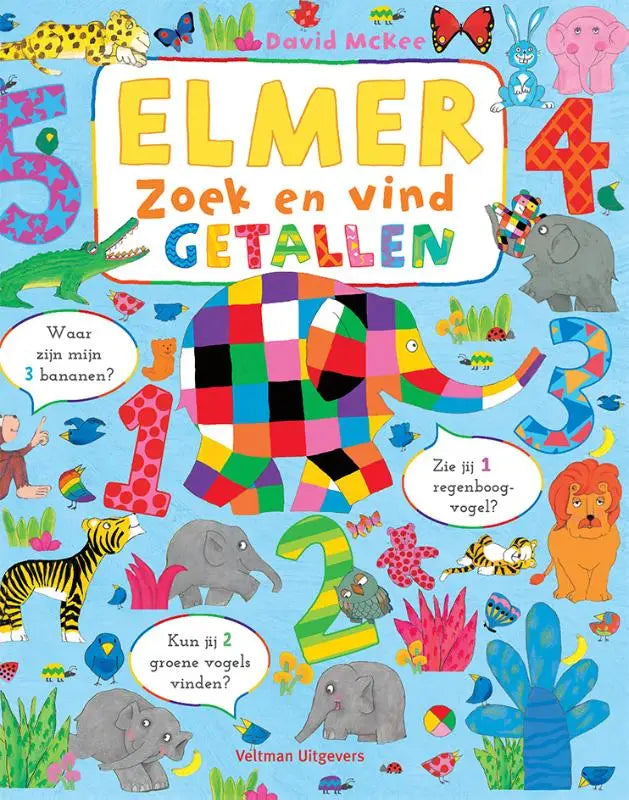 Kleurige patchwork olifant met regenboogruitjes op elmer zoek en vind getallen voor jonge lezers